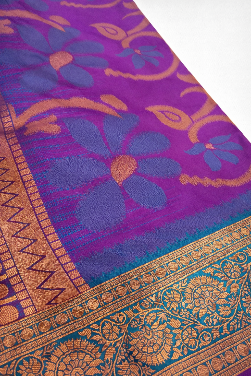 PI 08 Royal Purple & Teal Zari Floral Silk Saree
