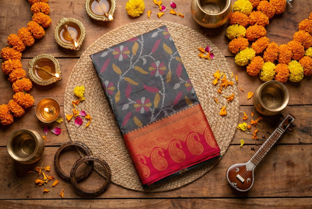 Charcoal Grey & Red Ikkat Woven Soft Silk Saree