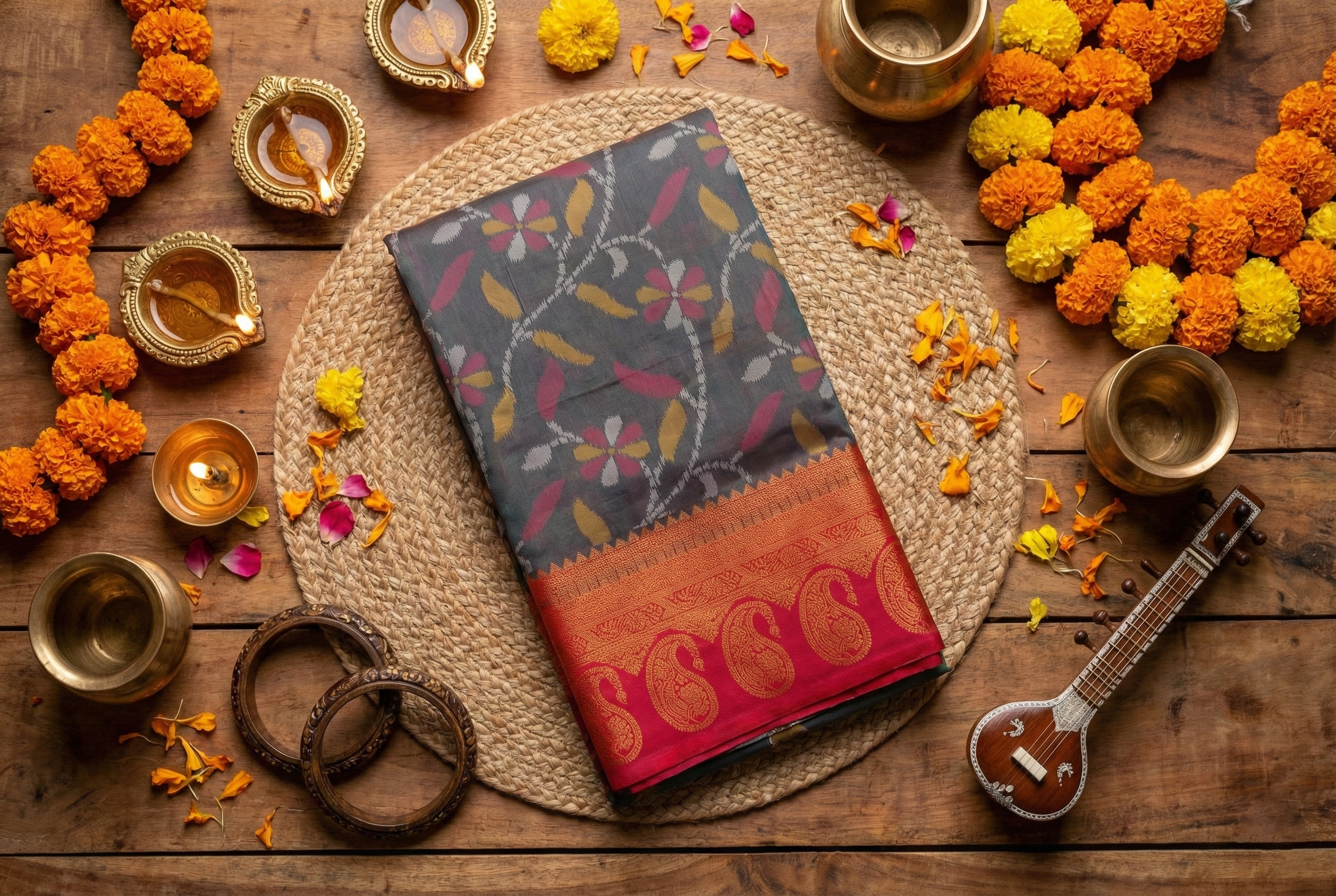 Charcoal Grey & Red Ikkat Woven Soft Silk Saree
