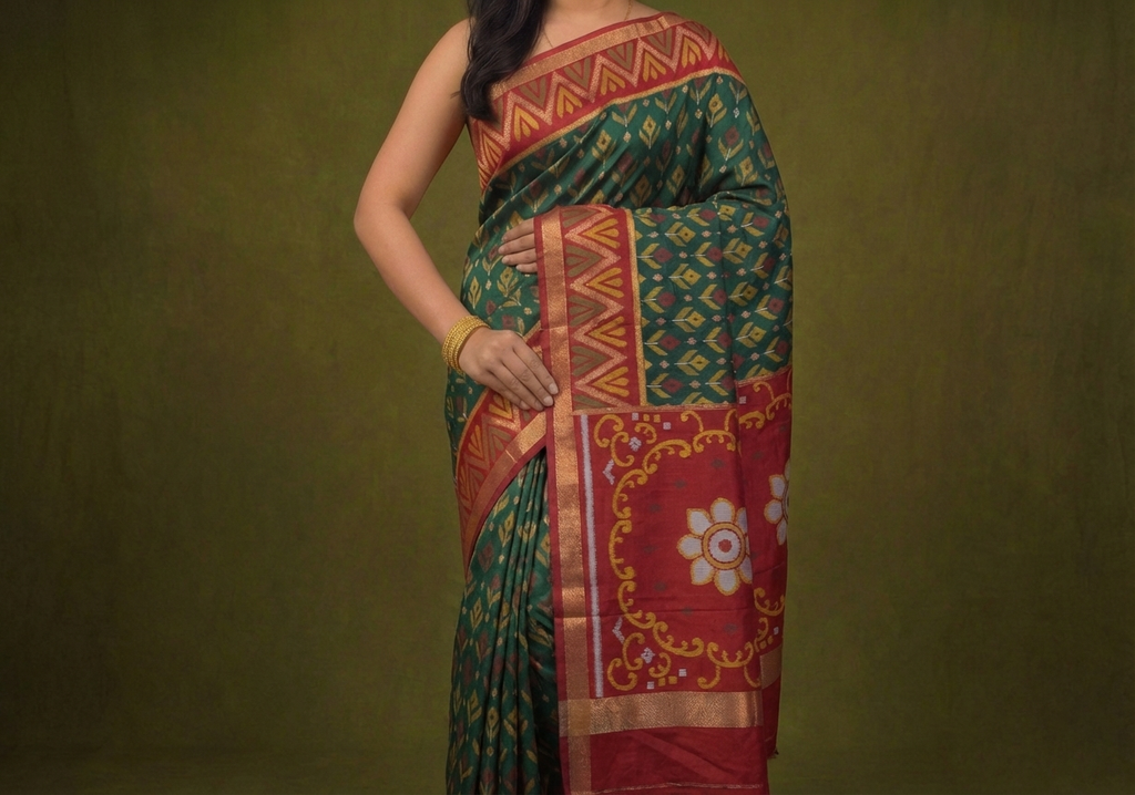 PIK-005 – Deep Forest Green & Red Pochampally Ikkat Silk Saree