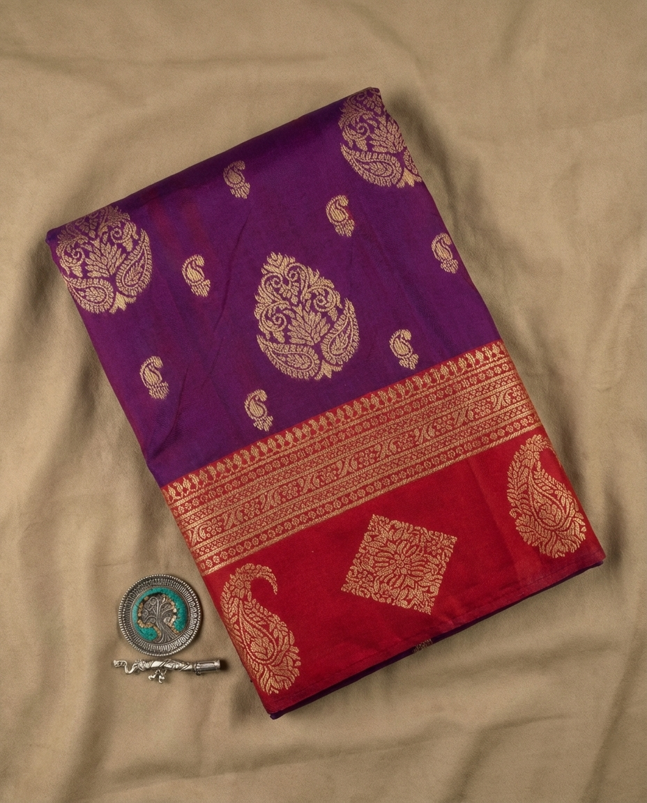 Royal Purple & Red Resham Silk Saree With Zari Work - No. AA2602