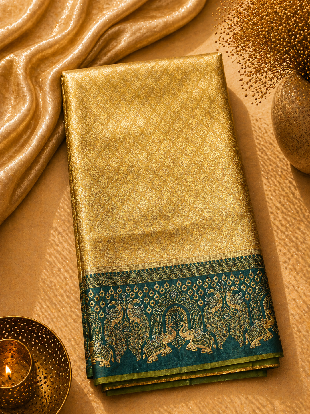 Mustard Yellow Soft Silk Kanjivaram Saree with Teal Elephant & Peacock Border
