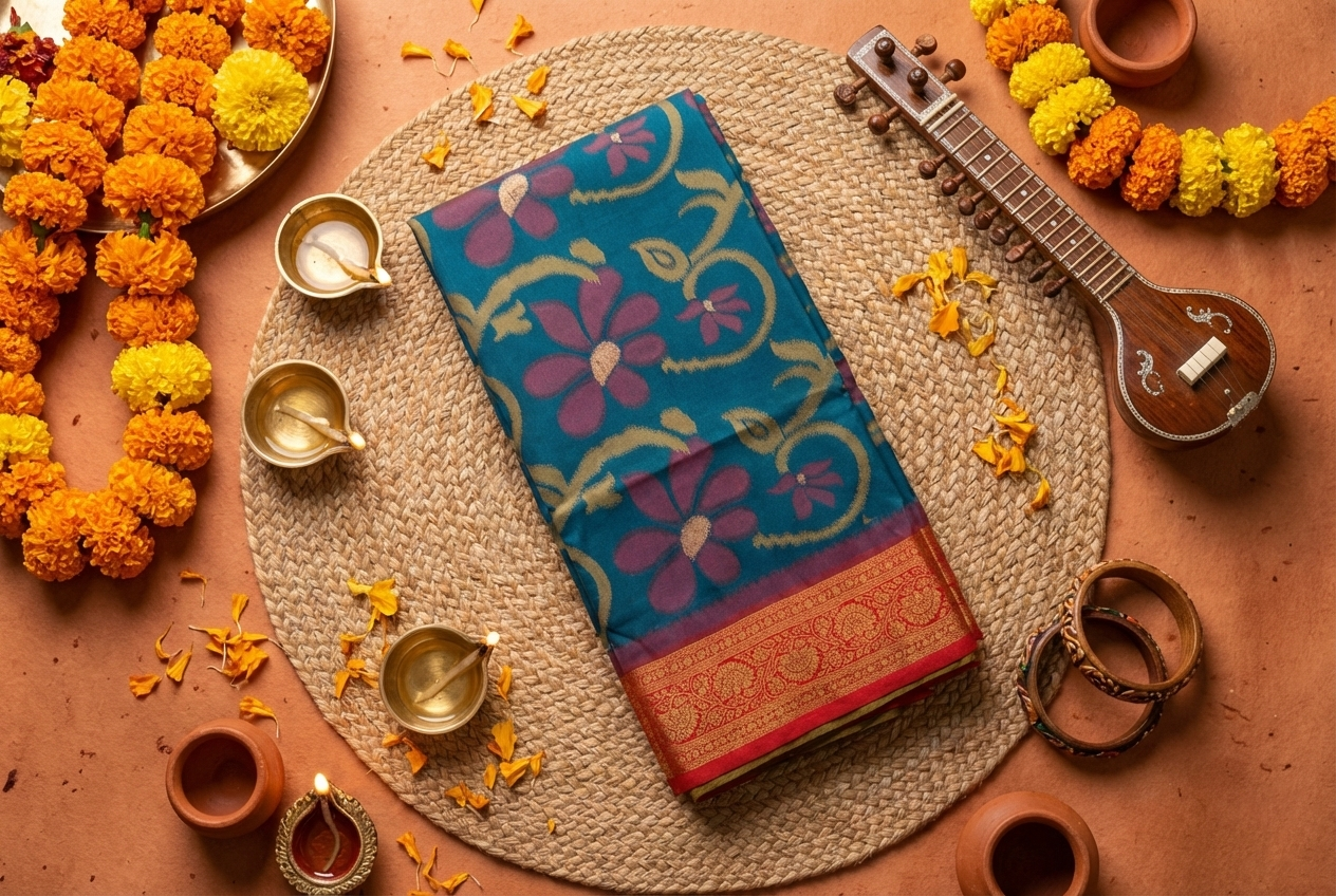 PI 07 Deep Teal & Pink Zari Floral Silk Saree