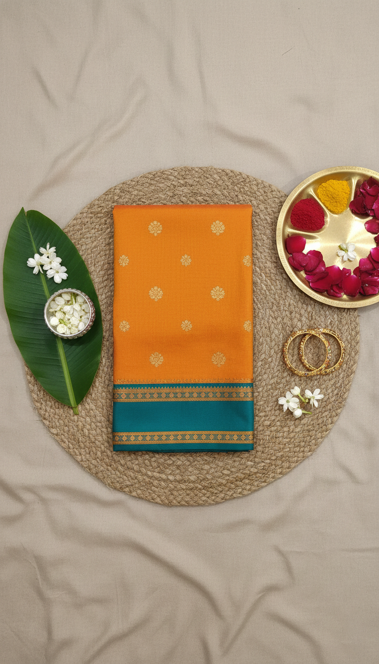 Mustard Orange & Green Narayan Peth Soft Silk Saree