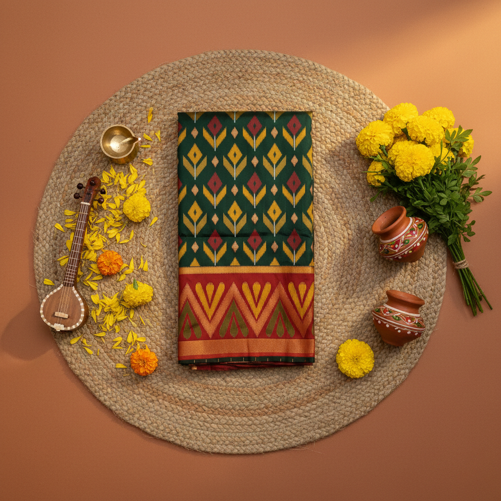 PIK-005 – Deep Forest Green & Red Pochampally Ikkat Silk Saree