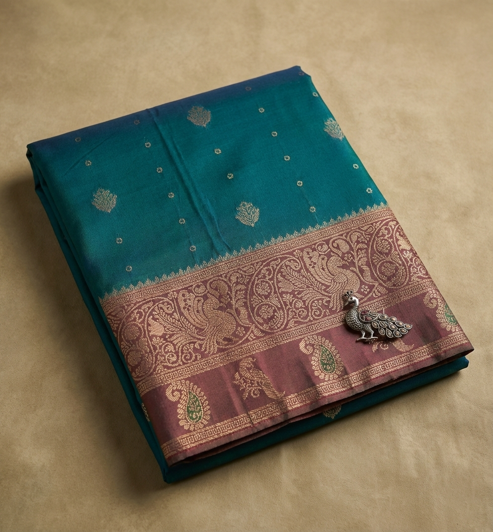 Classic Teal Green Resham Silk Saree with Antique Zari Border