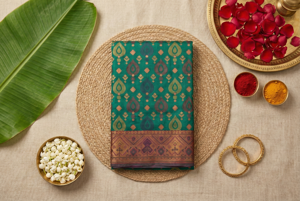 Emerald Green & Copper Pochampally Ikkat Silk Saree