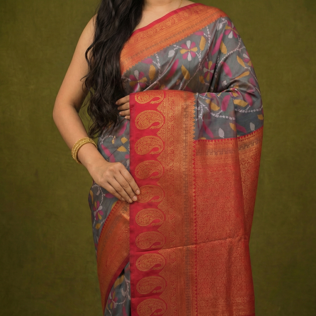 Charcoal Grey & Red Ikkat Woven Soft Silk Saree