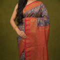 Charcoal Grey & Red Ikkat Woven Soft Silk Saree