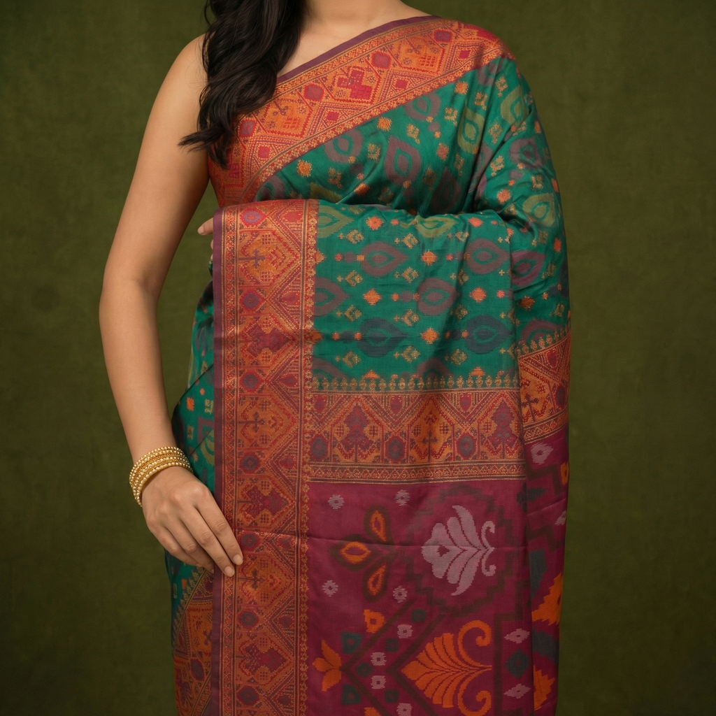 Emerald Green & Copper Pochampally Ikkat Silk Saree