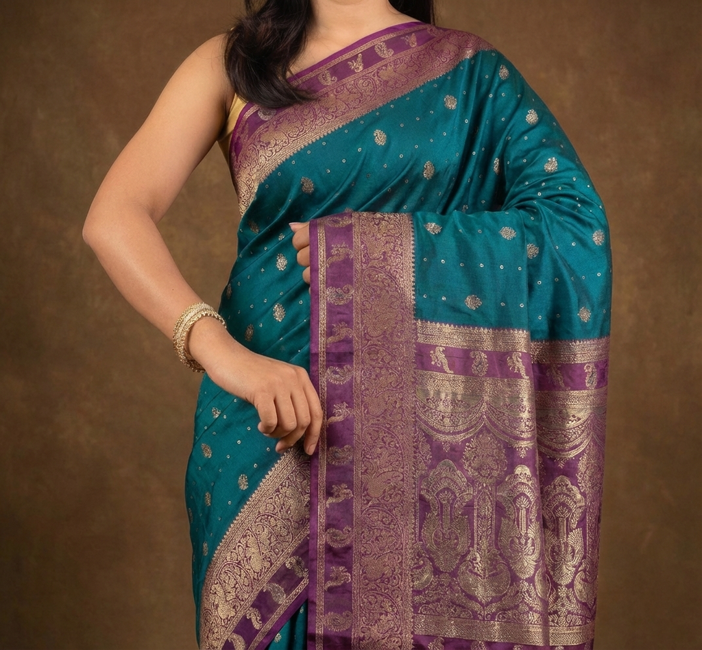 Classic Teal Green Resham Silk Saree with Antique Zari Border