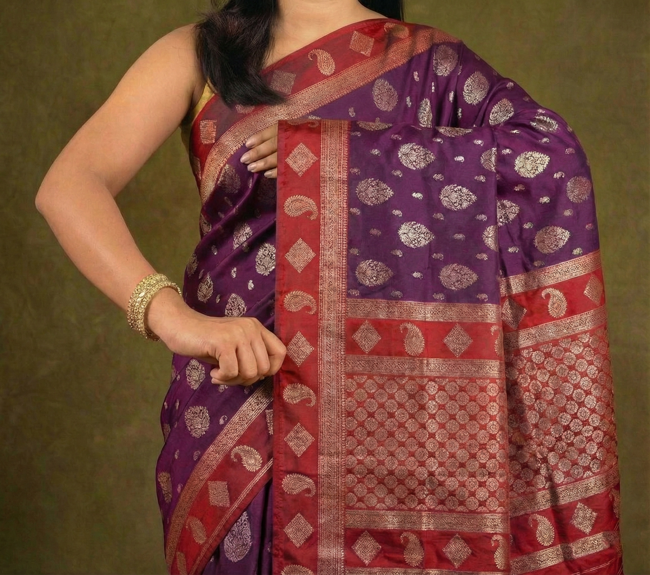 Royal Purple & Red Resham Kanjivaram Silk Saree With Zari Work - No. AA2602