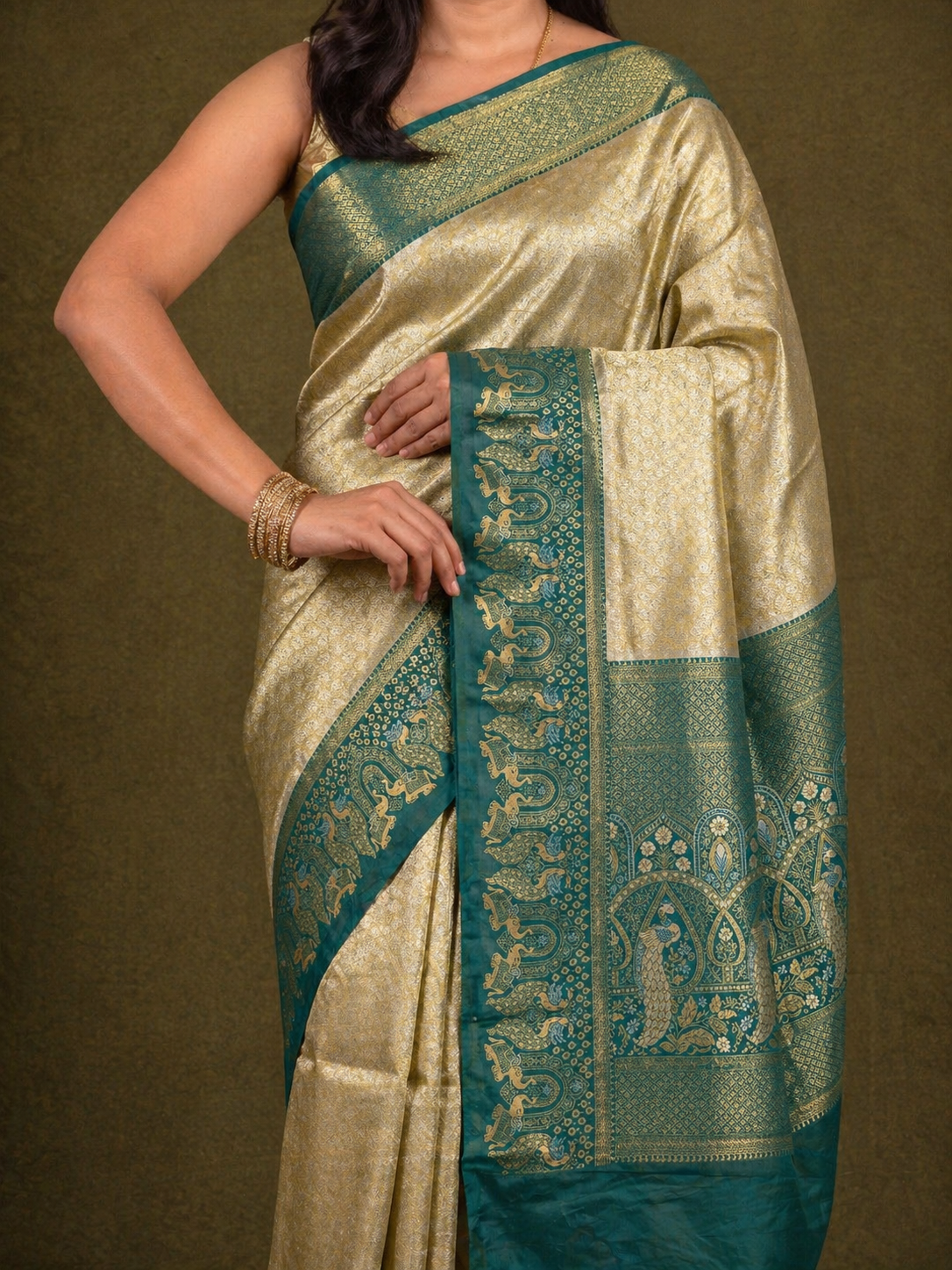 Mustard Yellow Soft Silk Kanjivaram Saree with Teal Elephant & Peacock Border