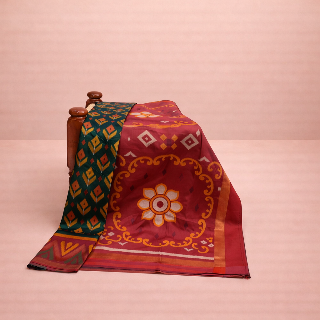 PIK-005 – Deep Forest Green & Red Pochampally Ikkat Silk Saree