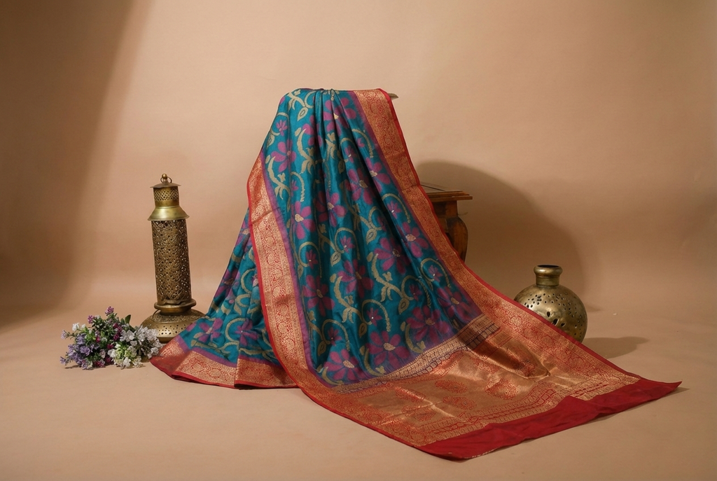 PI 07 Deep Teal & Pink Zari Floral Silk Saree