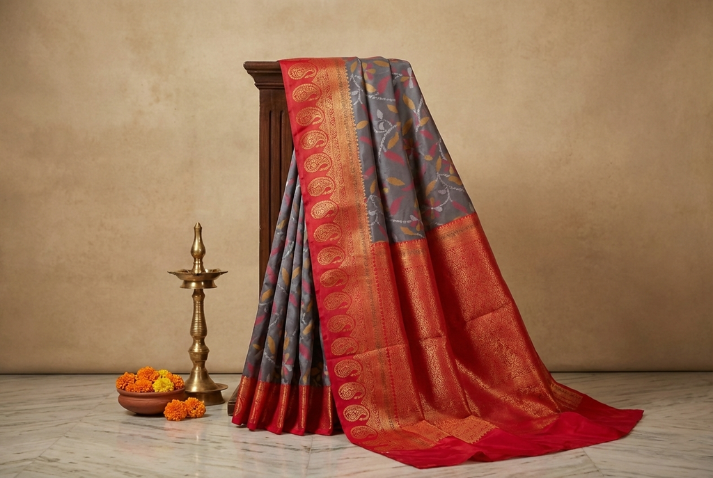 Charcoal Grey & Red Ikkat Woven Soft Silk Saree