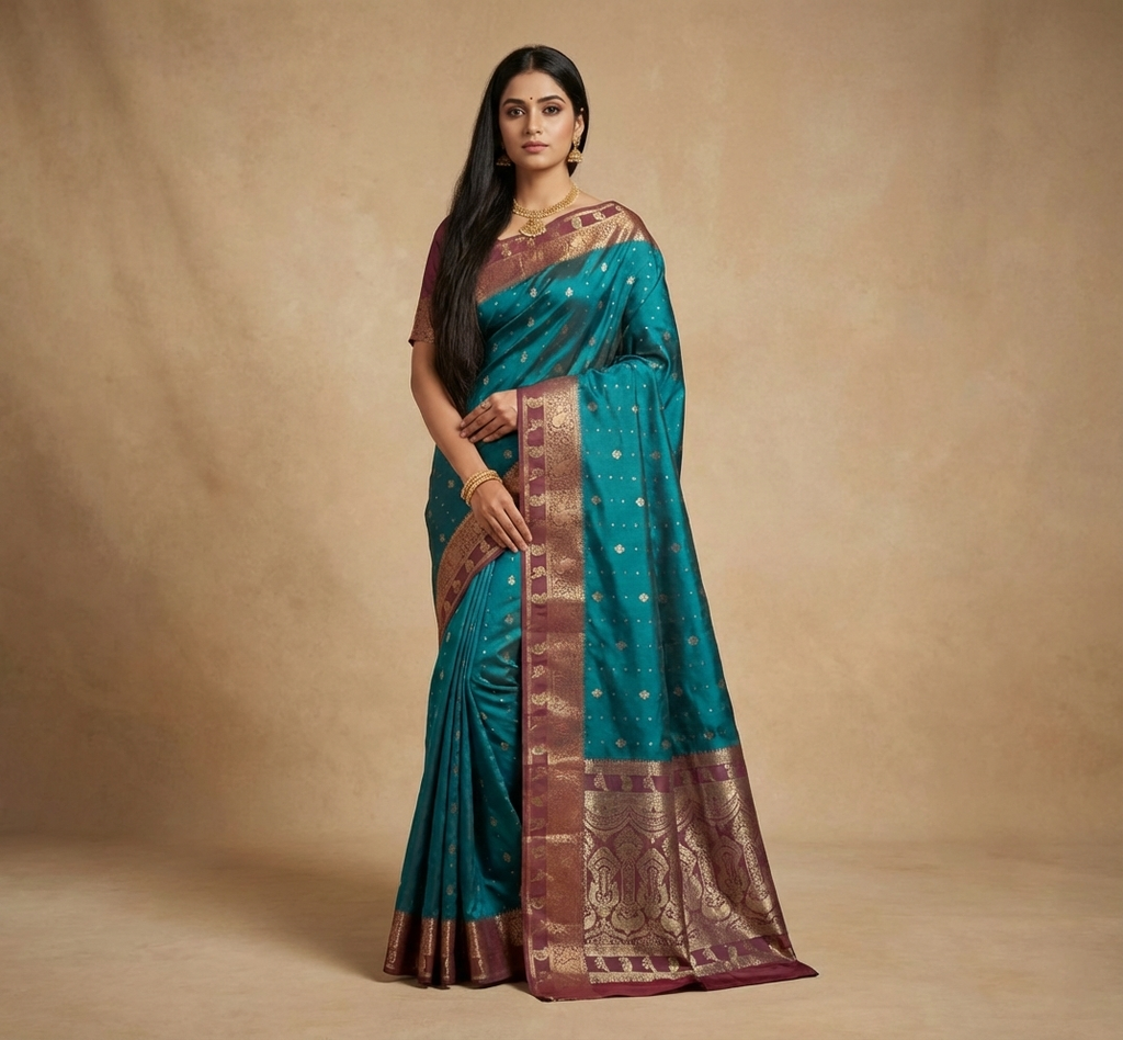 Classic Teal Green Resham Silk Saree with Antique Zari Border