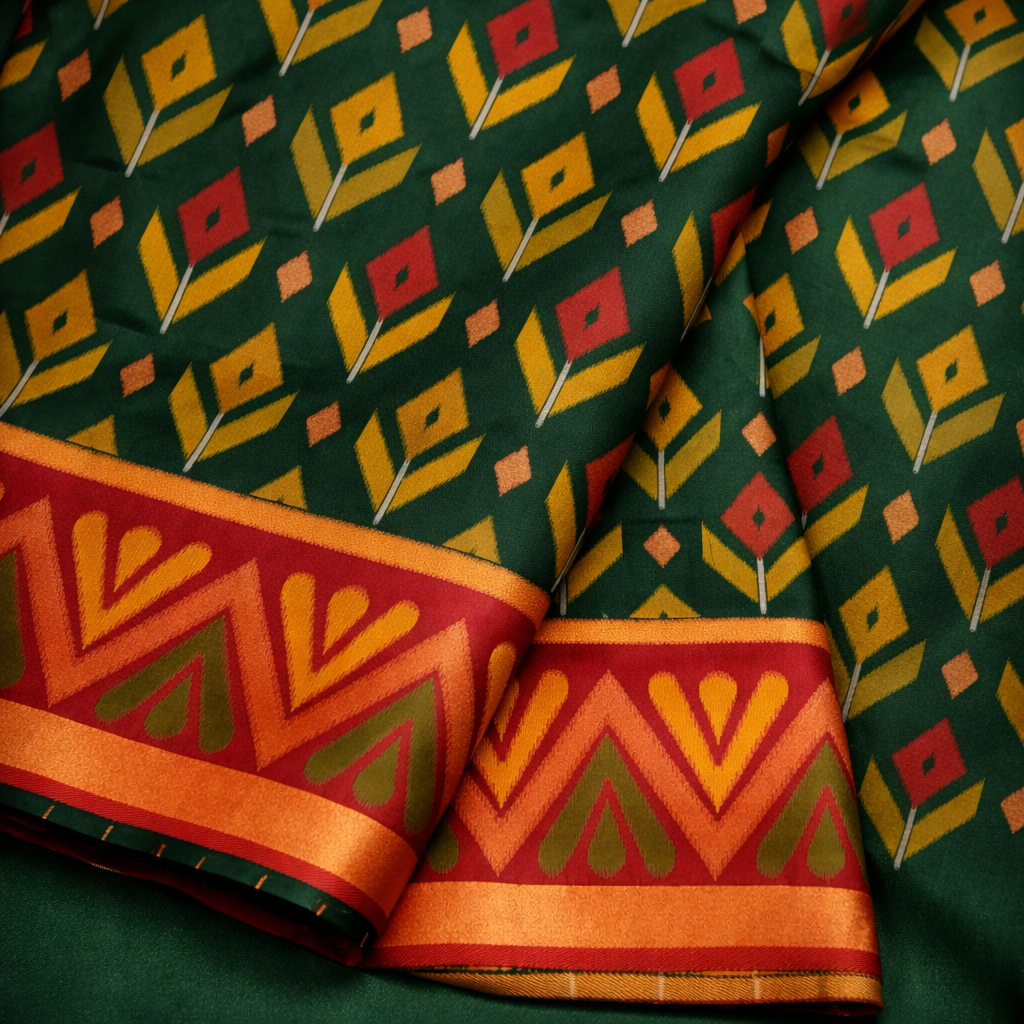 PIK-005 – Deep Forest Green & Red Pochampally Ikkat Silk Saree