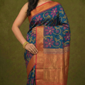 PI 07 Deep Teal & Pink Zari Floral Silk Saree