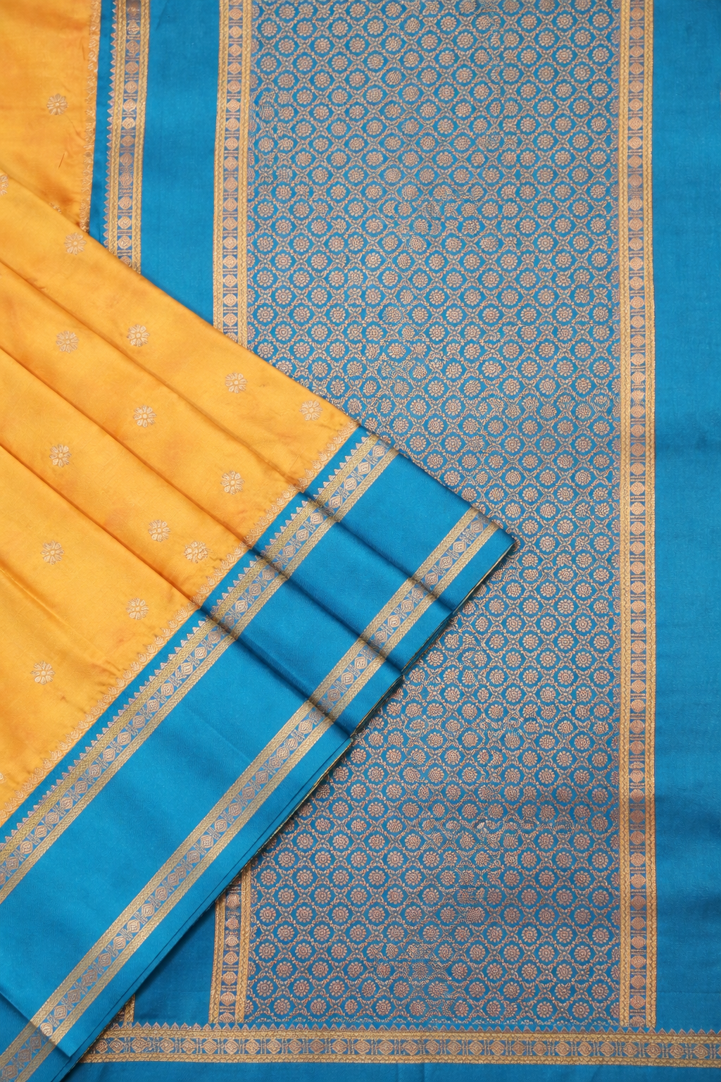 Mustard Orange & Green Narayan Peth Soft Silk Saree