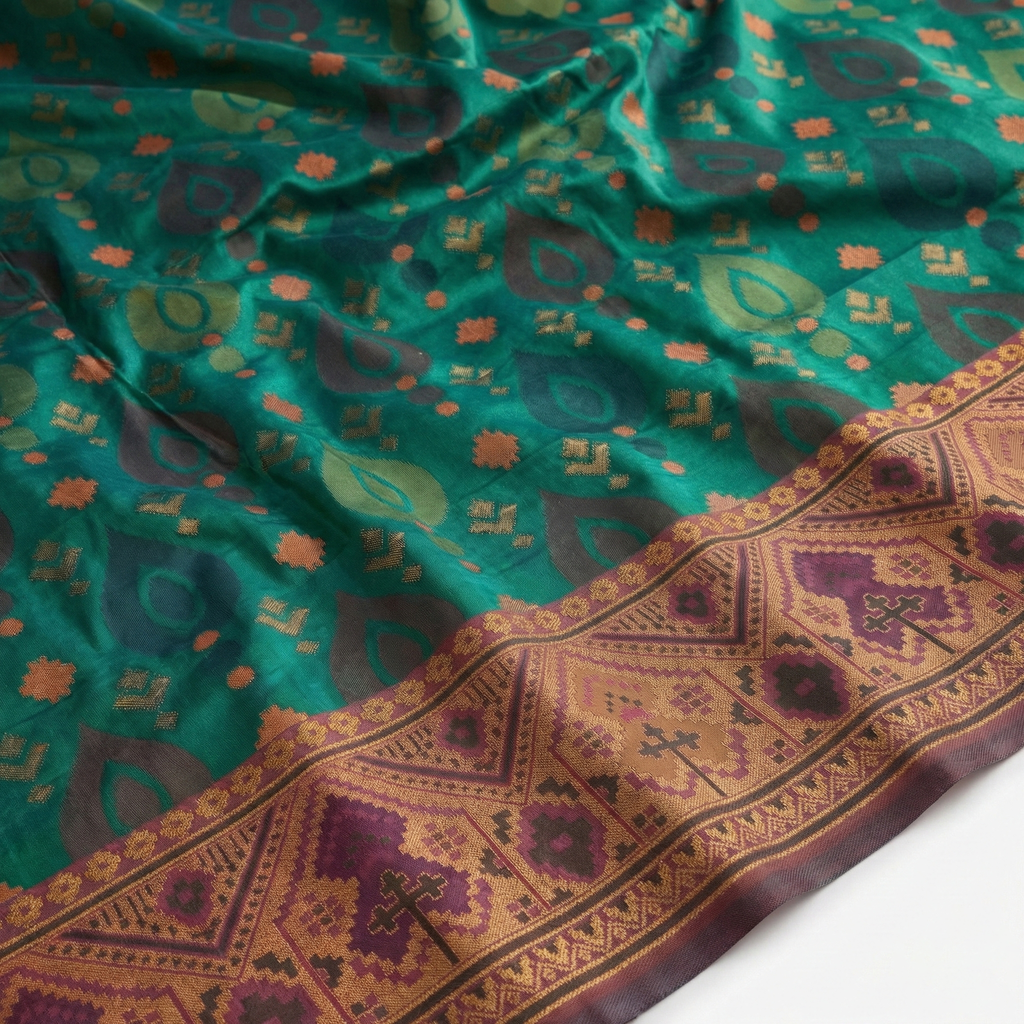 Emerald Green & Copper Pochampally Ikkat Silk Saree