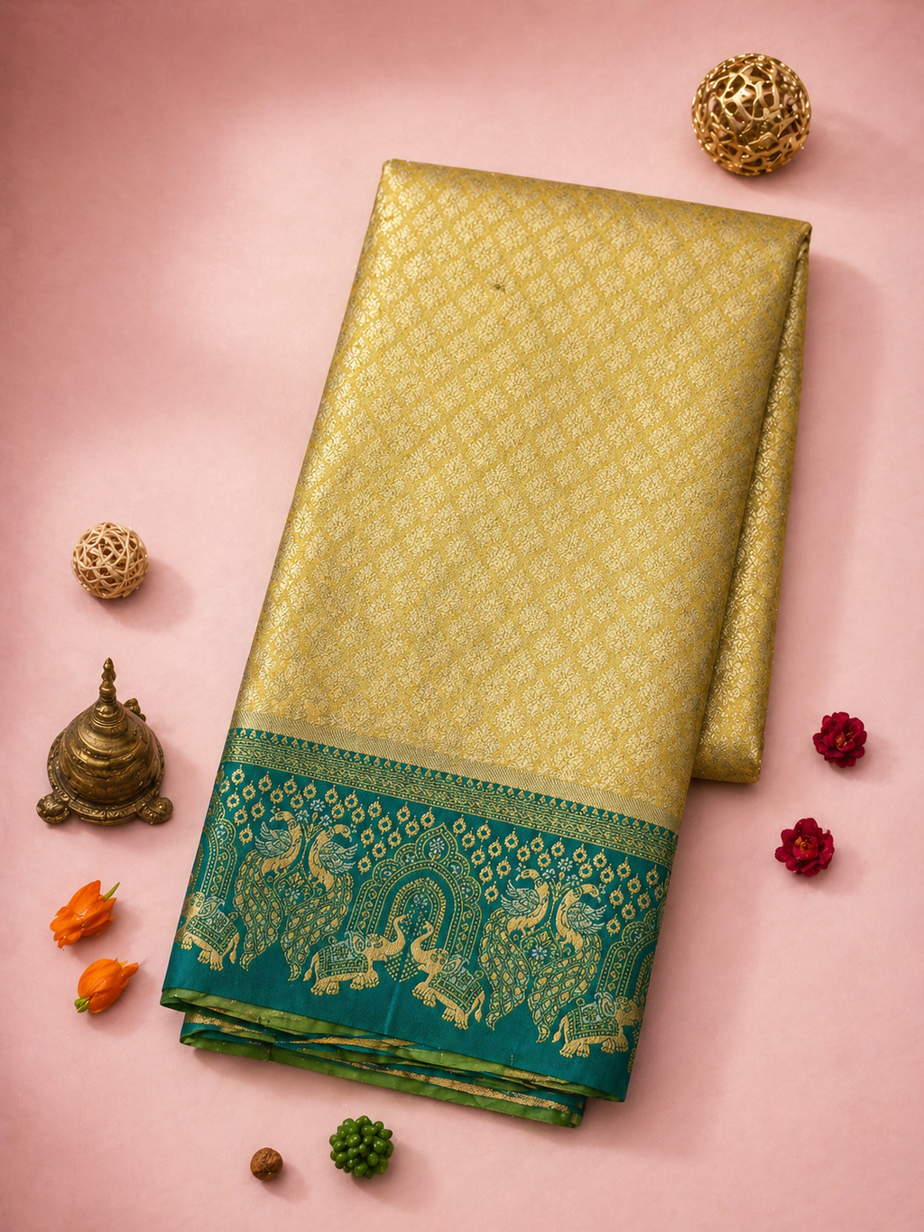 Mustard Yellow Soft Silk Kanjivaram Saree with Teal Elephant & Peacock Border