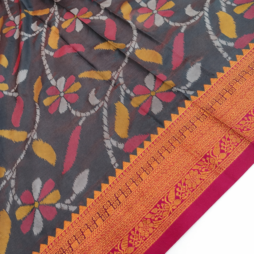 Charcoal Grey & Red Ikkat Woven Soft Silk Saree
