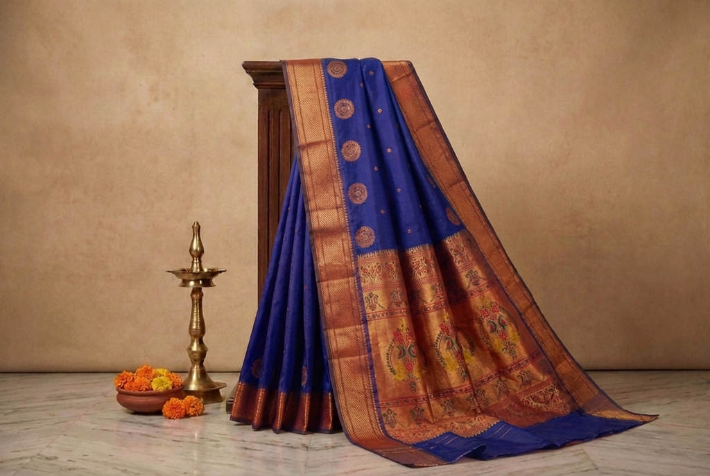 Royal Blue & Copper Paithani Soft Silk Saree