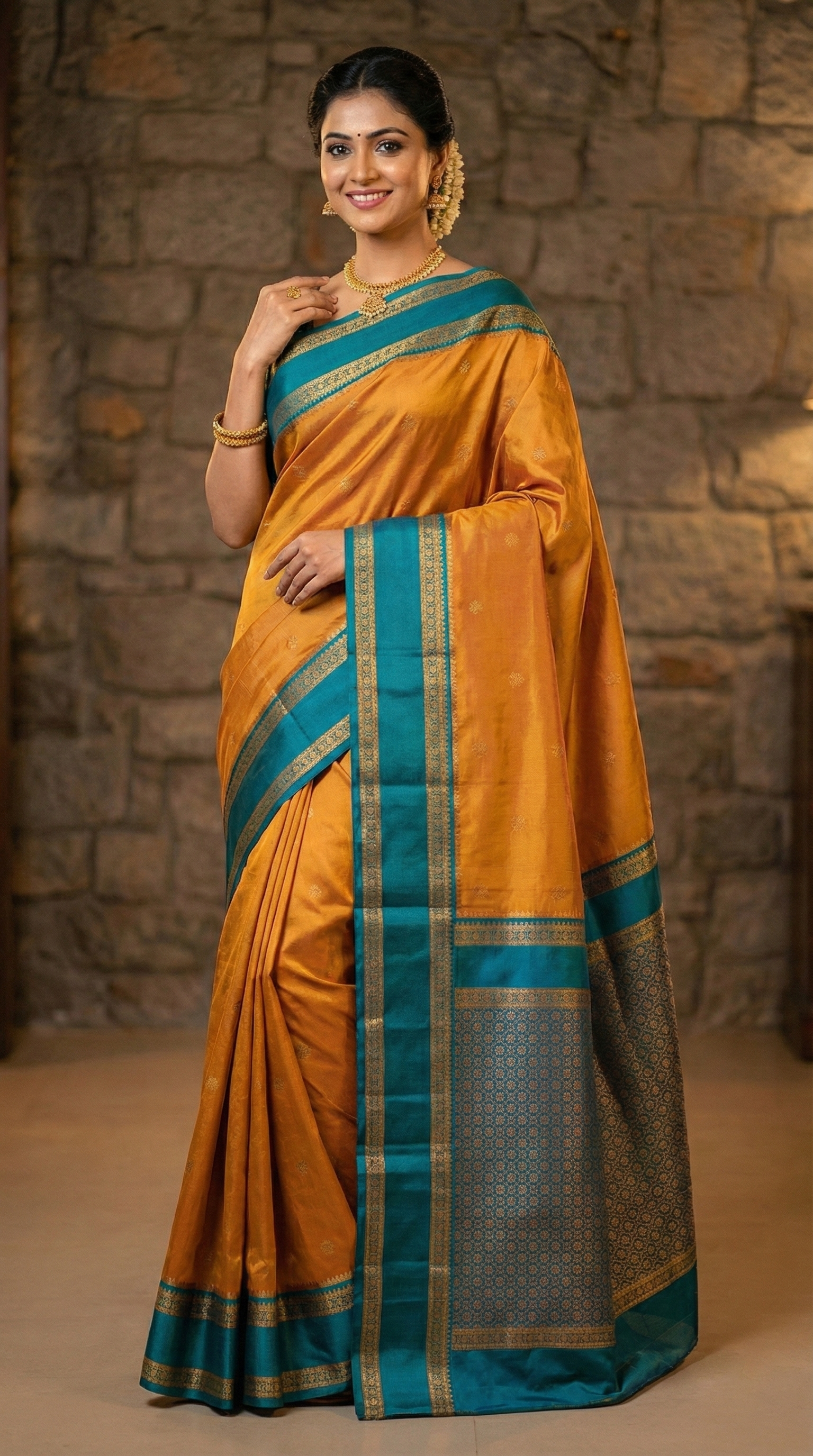 Mustard Orange & Green Narayan Peth Soft Silk Saree