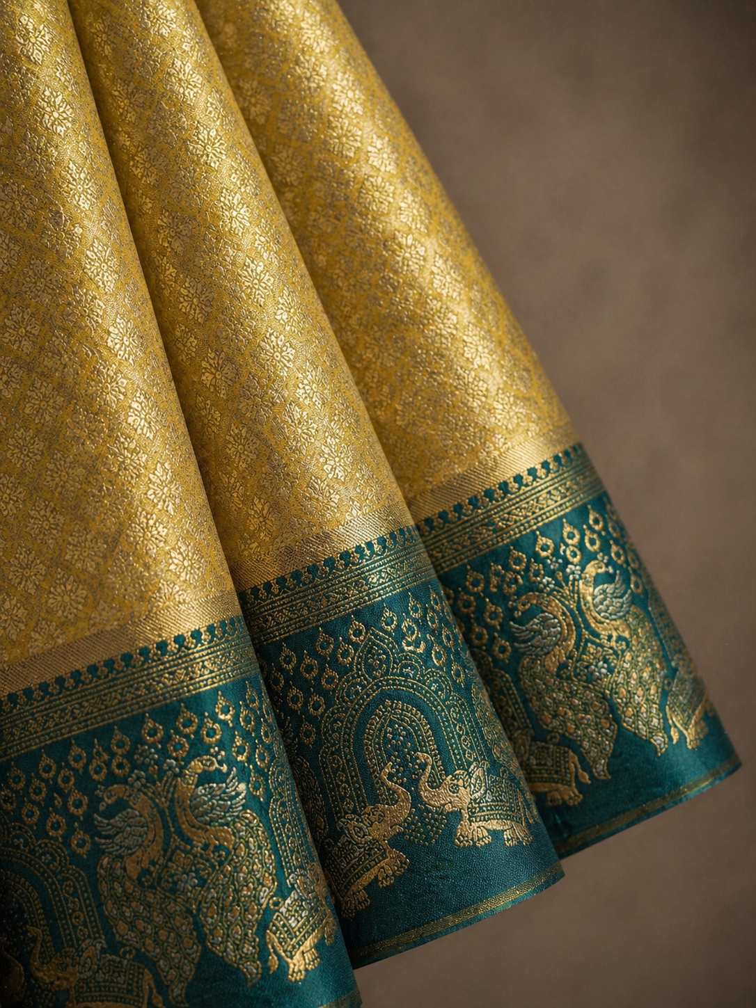 Mustard Yellow Soft Silk Kanjivaram Saree with Teal Elephant & Peacock Border