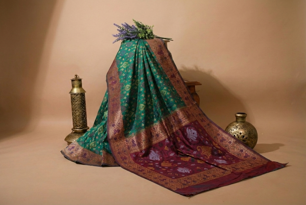 Emerald Green & Copper Pochampally Ikkat Silk Saree