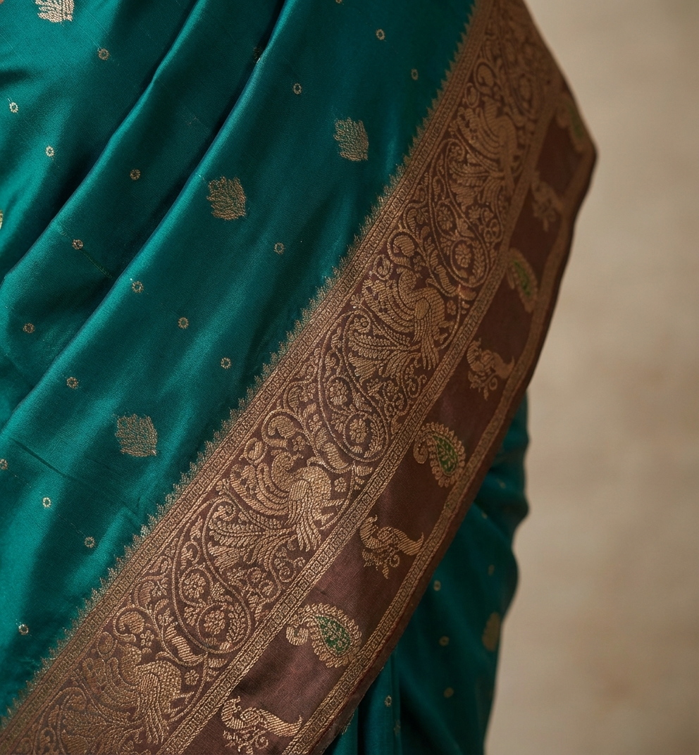 Classic Teal Green Resham Silk Saree with Antique Zari Border