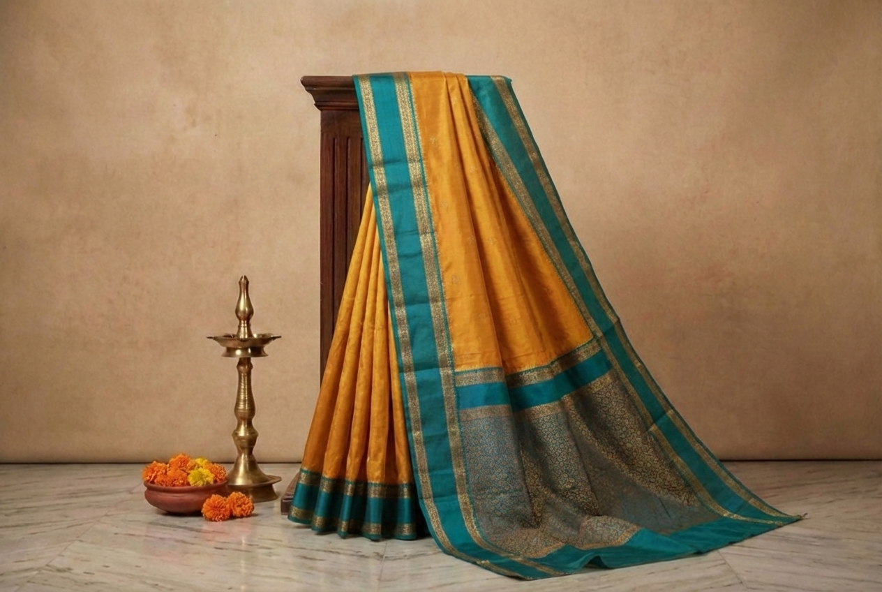 Mustard Orange & Green Narayan Peth Soft Silk Saree