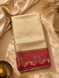 Cream Ivory Soft Silk Kanjivaram Saree with Deep Magenta Elephant Border