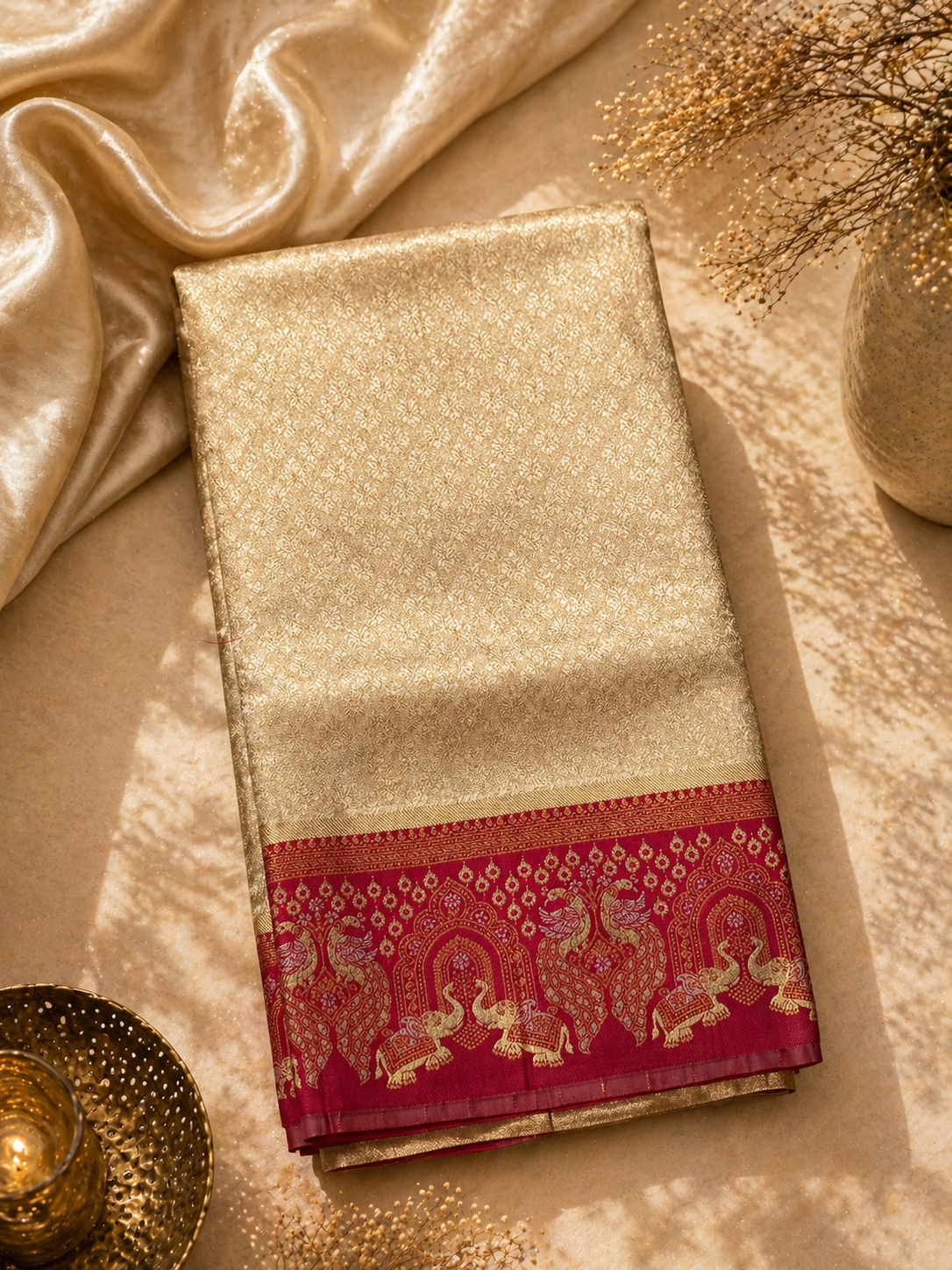 Cream Ivory Soft Silk Kanjivaram Saree with Deep Magenta Elephant Border