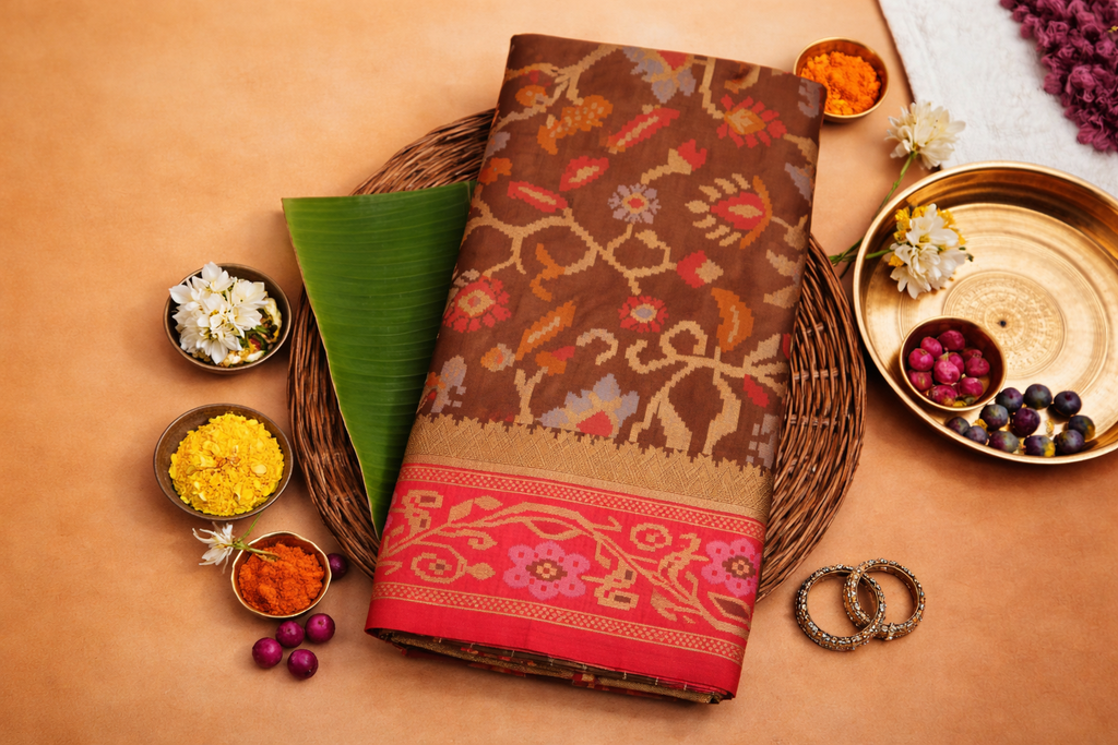 Classic Brown & Red Border Pochampally Ikat Soft Silk Saree