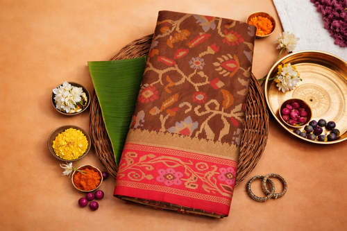 Classic Brown & Red Border Pochampally Ikat Soft Silk Saree