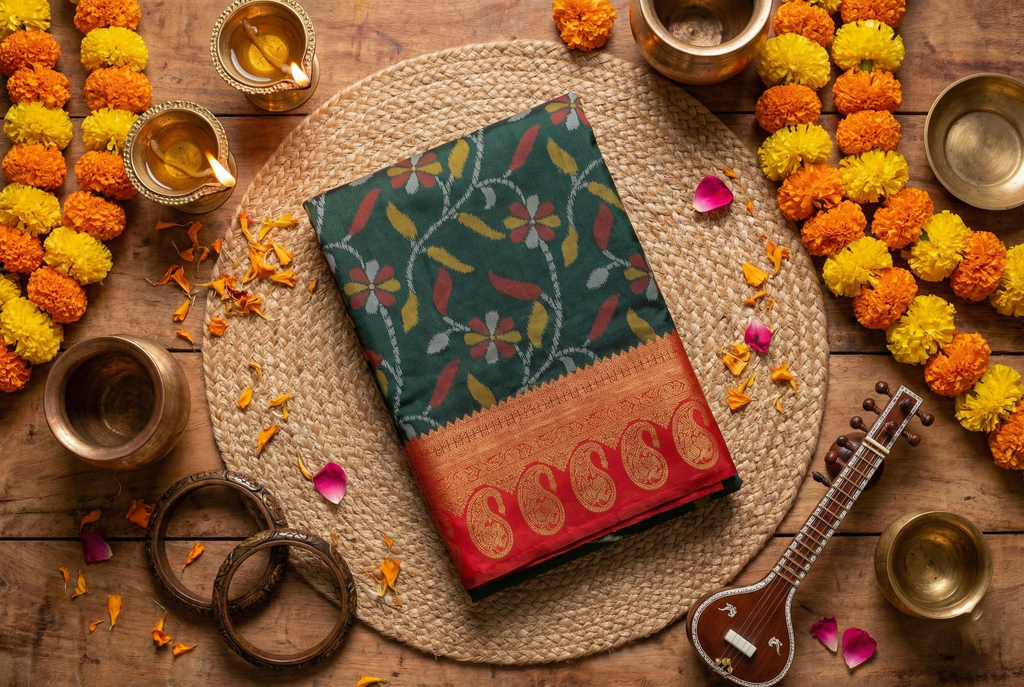 Forest Green & Red Ikkat Woven Soft Silk Saree