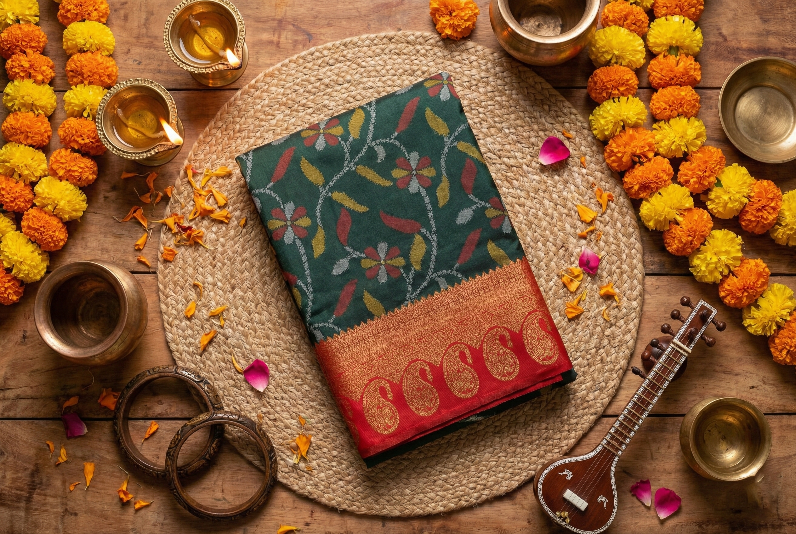 Forest Green & Red Ikkat Woven Soft Silk Saree