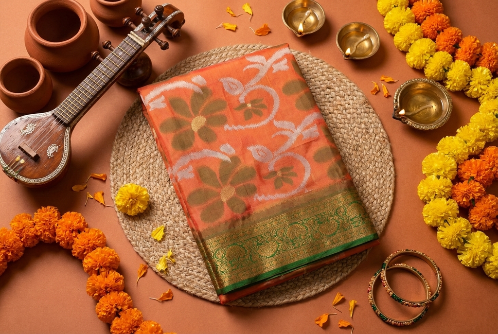 PI 06 Orange & Green Zari Floral Silk Saree