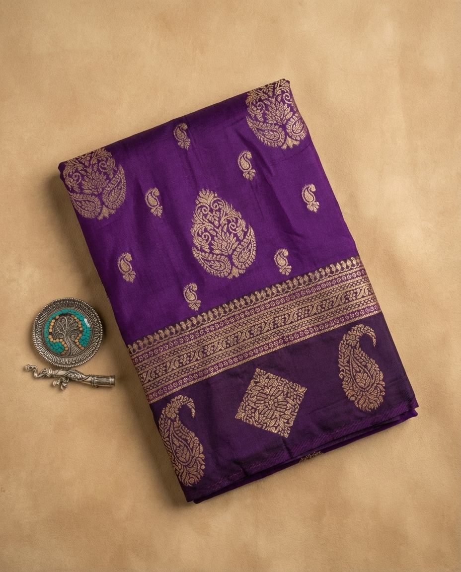 Royal Purple Resham Silk Saree With Gold Zari Border - No. AA2602