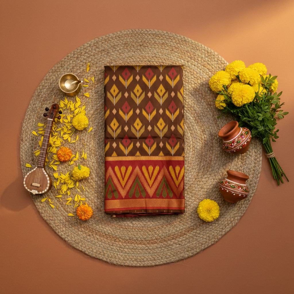 PIK-006 – Classic Brown & Red Pochampally Ikkat Silk Saree
