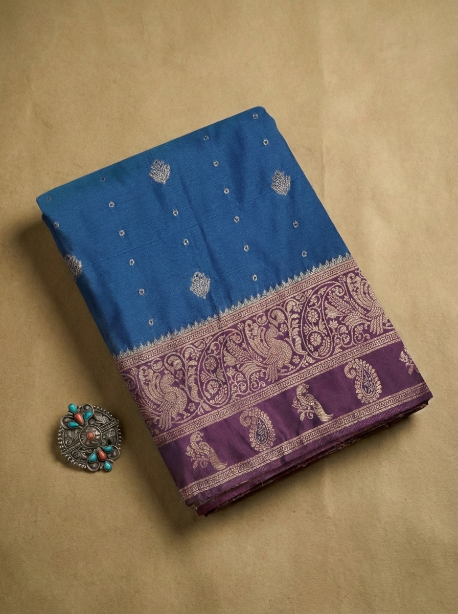 Majestic Royal Blue Resham Silk Saree with Purple Zari Border