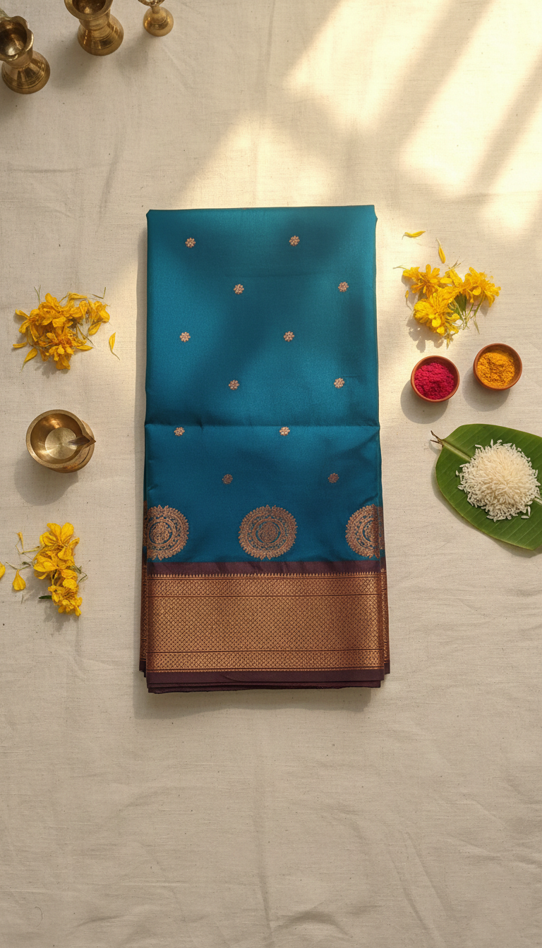 Peacock Blue & Copper Paithani Soft Silk Saree
