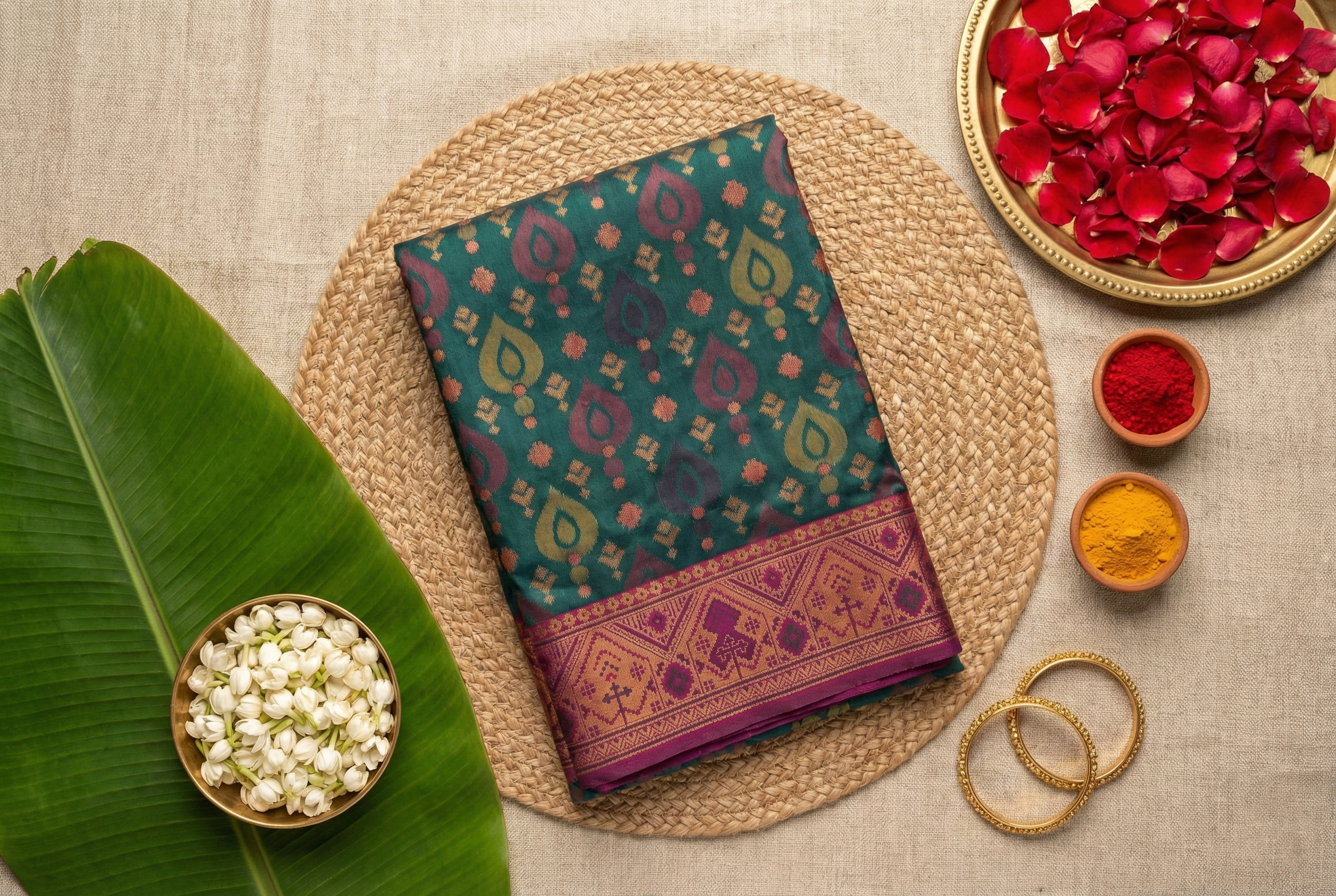 Dark Teal & Magenta Pochampally Ikkat Silk Saree