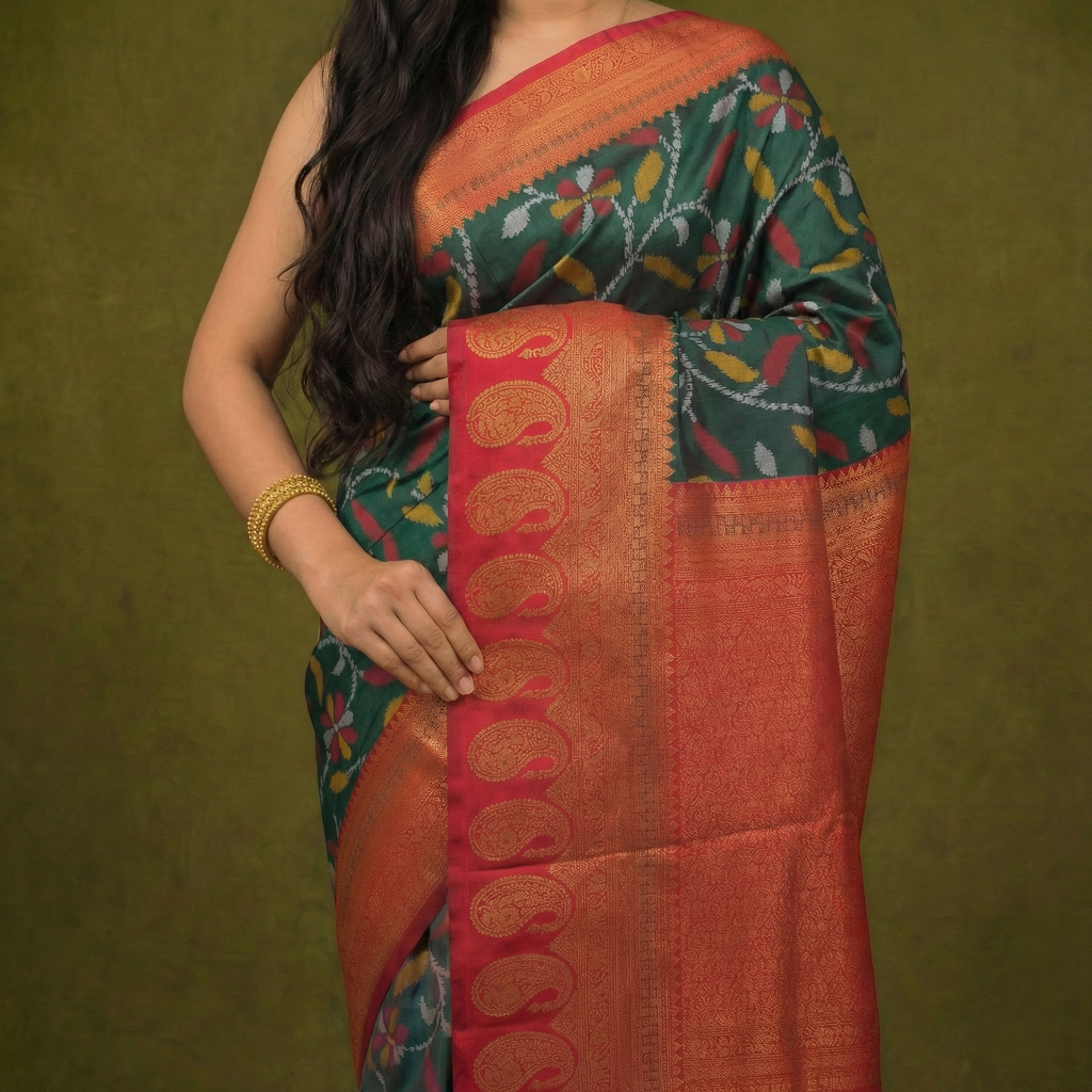 Forest Green & Red Ikkat Woven Soft Silk Saree
