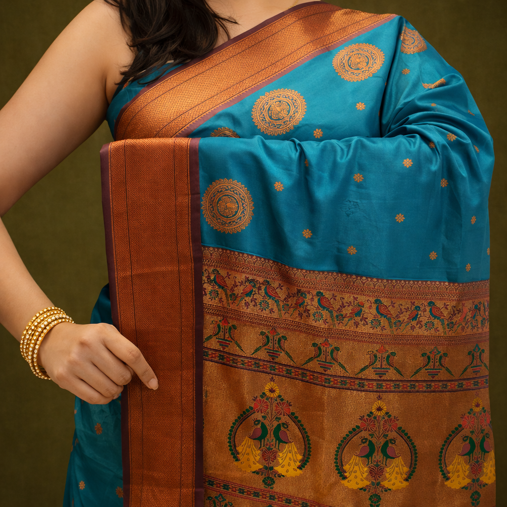 Peacock Blue & Copper Paithani Soft Silk Saree