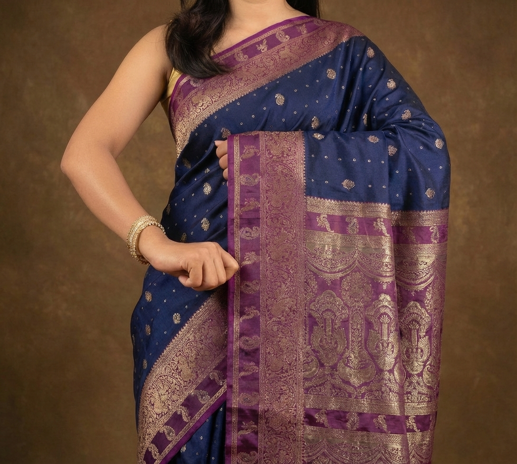 Majestic Royal Blue Resham Silk Saree with Purple Zari Border