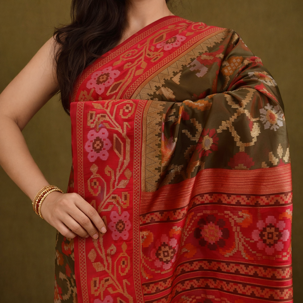 Classic Brown & Red Border Pochampally Ikat Soft Silk Saree