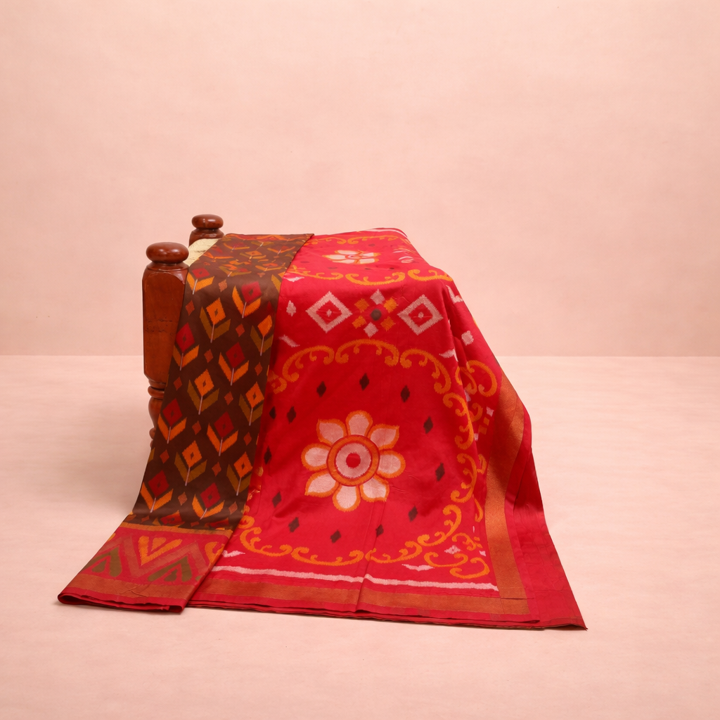 PIK-006 – Classic Brown & Red Pochampally Ikkat Silk Saree